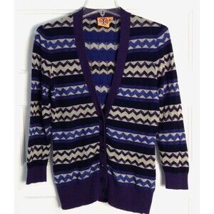 Tory Burch Cardigan Sweater M Chevron Stripe Wool Cashmere Knit Aztec Southwest